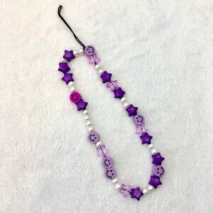 Cell Phone Wrist Chain Strap Smiley Faces Stars Pearls Beads 20cm Purple
